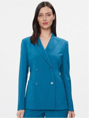 Weekend MaxMara Norvoso Wool Double-Breasted Blazer Size 12 Teal Blue